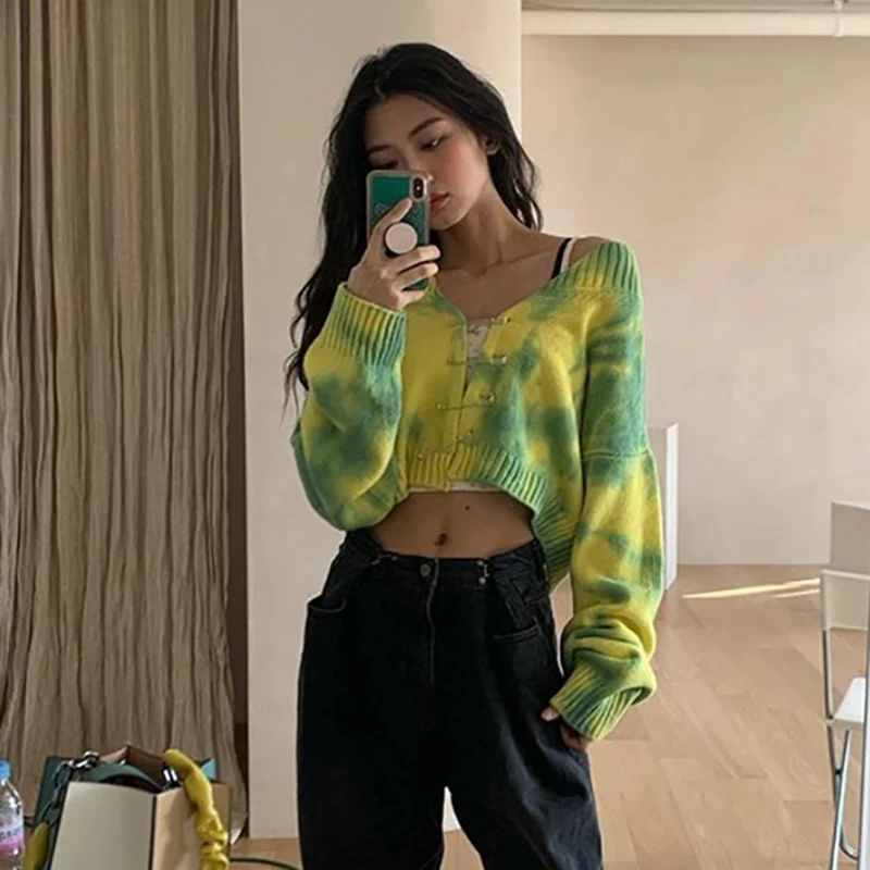 

2020 Autumn Winter Fashion Tie Dye Cardigan loose Long Sleeve short Top Casual Women Shirts high street style Knit sweater