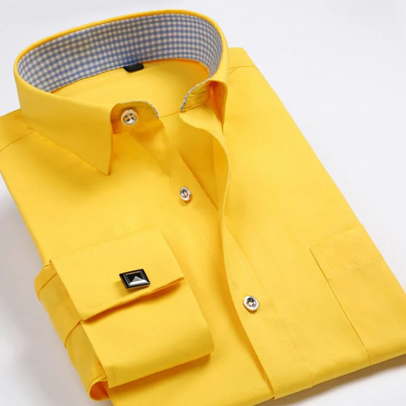 Мужская одежда с французскими манжетами, рубашка с длинным рукавом высокого качества, Мужская Повседневная рубашка с запонками для свадебной вечеринки размера плюс 5XL 6XL - Color: Yellow