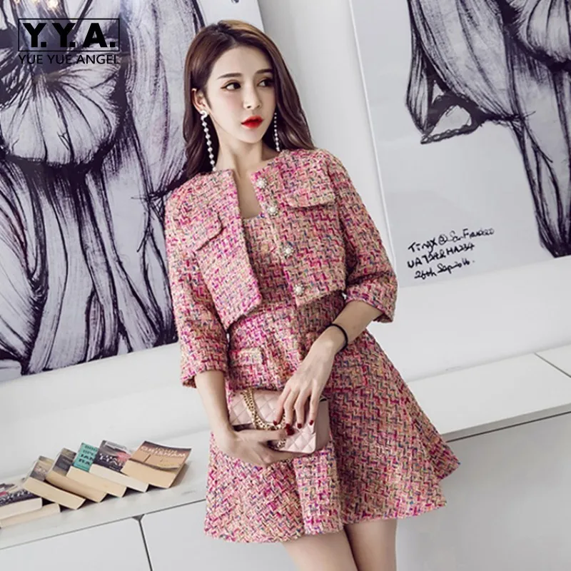 

Autumn Print Tweed 2 Piece Set Women Slim OL Elegant Womens Suits Short Jacket Coat + Dress Fashion Silk Office Female Sets S-XL