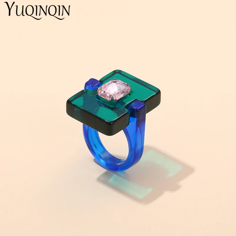 Girls Finger Rings Resin Rhinestone Crystal Punk Geometric Square Big Rings for Women Fashion Jewelry Party Gifts
