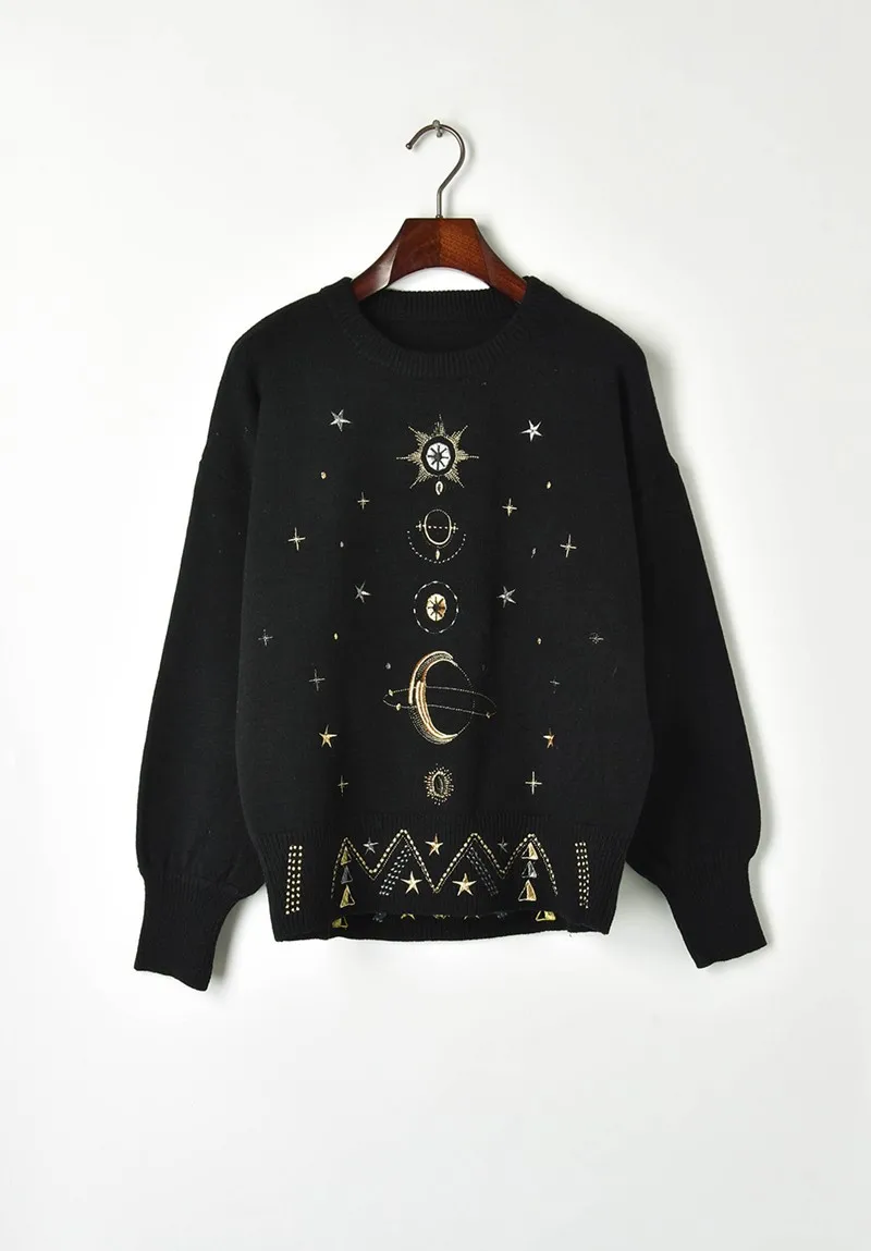 Вышитый свитер для женщин 2019 осень зима новый космический звездный узор свободный свитер женский пуловер пальто для отдыха джемпер Femme