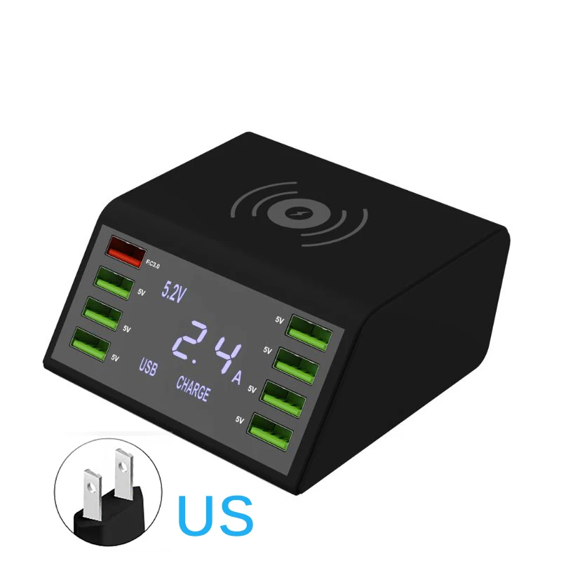 US plug 60W 8-Порты и разъёмы USB Quick Зарядное устройство светодиодный Дисплей Быстрая зарядка 3,0 быстрая Зарядное устройство рабочего стола 10 Вт Беспроводная зарядная станция зарядка через usb паяльная станция - Тип штекера: US plug