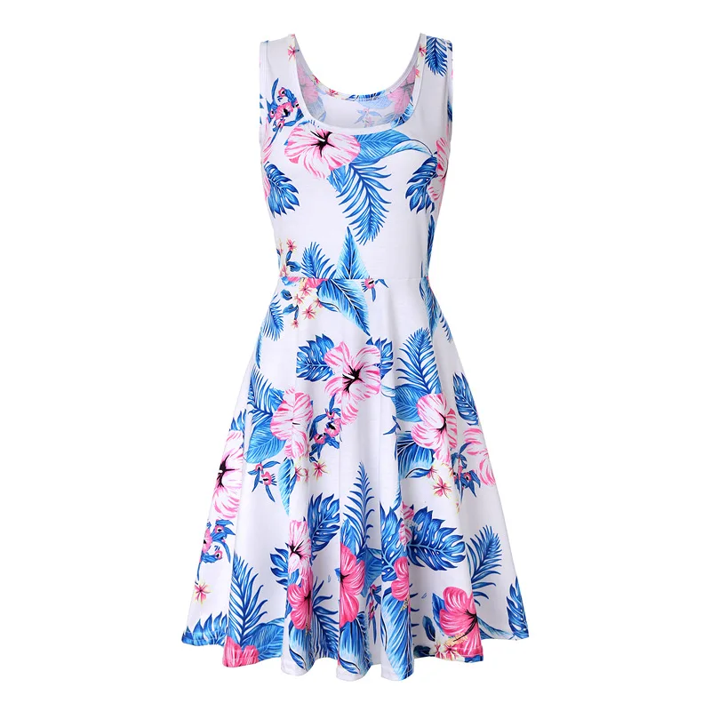 Plus Size Women Sleeveless O-Neck Print Dress Casual Sweet Vintage Floral A-Line Party Dress Summer Beach Dress Vestidos