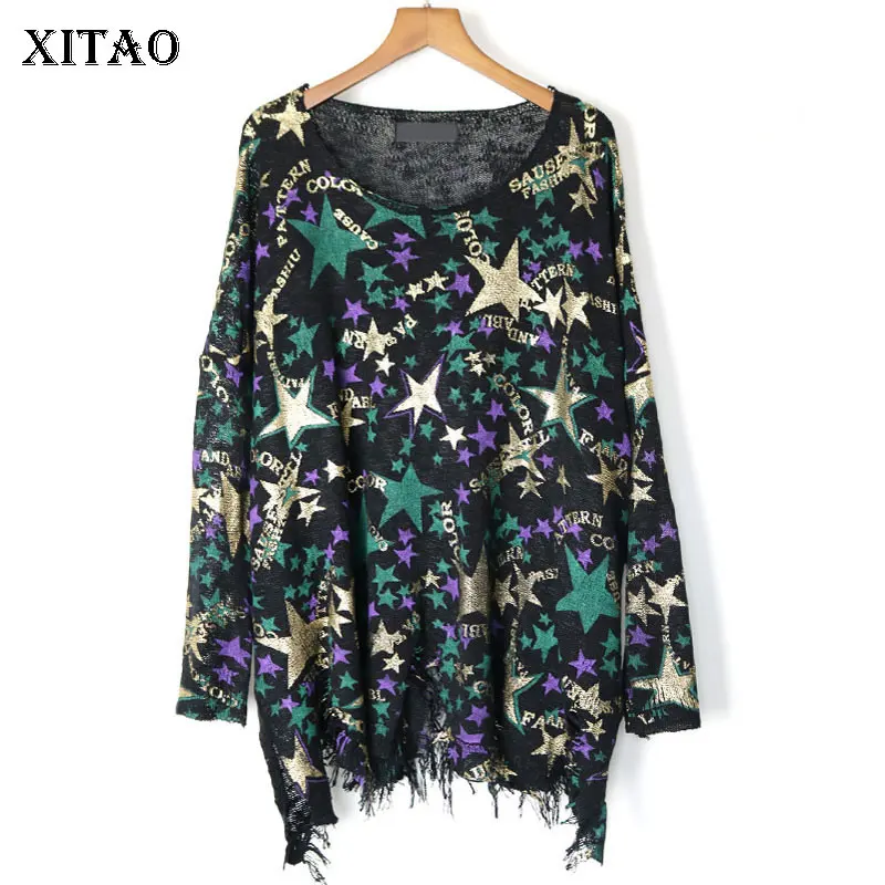 

XITAO Geometrical Irregular Hem Sweater Knitted Tassel Pullover 2019 Autumn Patchwork Elegant Street Loose Sweater GCC1763