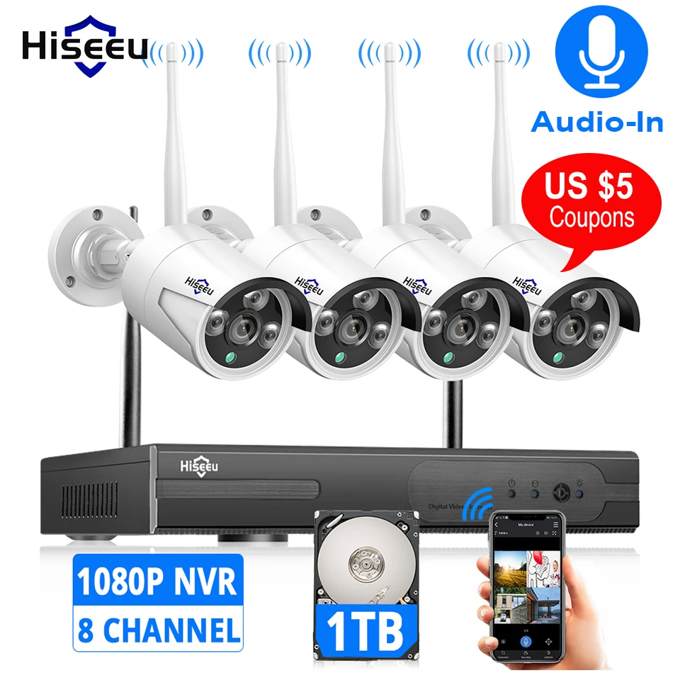  Беспроводная камера видеонаблюдения Hiseeu, 8 каналов, 1080P ТБ, 4 шт., 2 МП, NVR, Wi-Fi, IR-CUT, для улицы, IP 