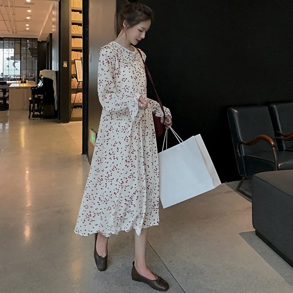 

France Non-mainstream Fairy Skirt 2019 Autumn New Style Korean-style Retro CHIC-Style Waist Hugging Flounced Floral Printed Dres