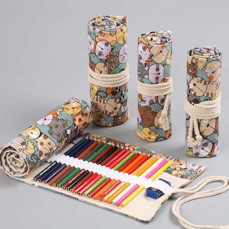 12/24/36/48/72 Holes School Stationery Kawaii Vintage Cartoon cat Pencil Case Roll UP Pen Curtain Cute Large-Capacity Brush Bag
