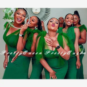 

Sexy Deep V Neck Green Bridesmaid Dresses 2020 African Women Sleeveless Vestidos Mermaid Wedding Party Dress Maid Of Honor