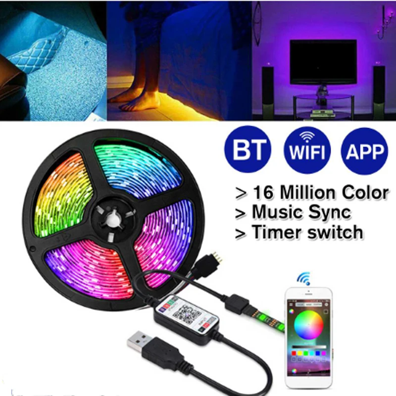 Светодиодная лента 5 В 2 м USB bluetooth 5050 RGB 30 светодиодов/м дистанционное управление