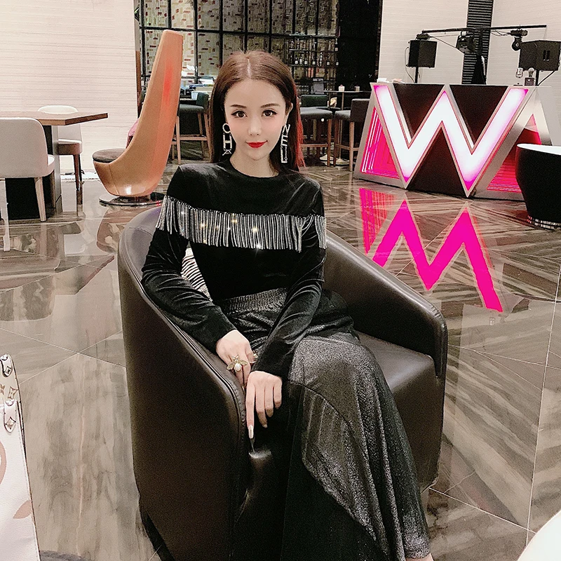 WHITNEY WANG осень-зима футболка с длинными рукавами модная уличная бархатная футболка с бахромой Женская футболка Топы