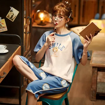 

Pajamas Women's Summer Cotton Short-Sleeved Cropped Pants Korean-Style Large Casual Thin Leisure Tops Two-Piece Set