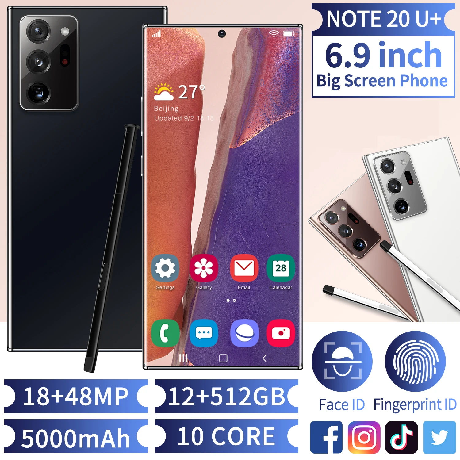 Бесплатная доставка разблокированный Note20U + Глобальная версия смартфона 6 9 &quotFace