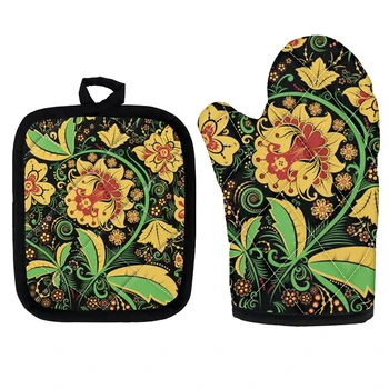 

Quilted Cotton Linen Microwave Oven Gloves Russian Traditional Prints Kitchen Supplies Cooking Tools Oven Mitts Heatproof 2Pcs