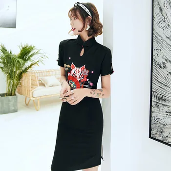 

Ladies Mini Short Qipao Sexy Black Mini Chinese Cheongsam Dress Printing Fox Traditional Costume