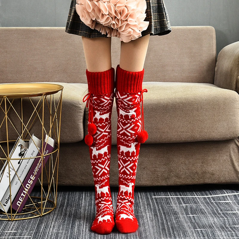 New-Christmas-Women-Knitted-Socks-Over-knee-Pile-Pile-with-Fur-Ball-Decoration-Keep-Warm-Winter