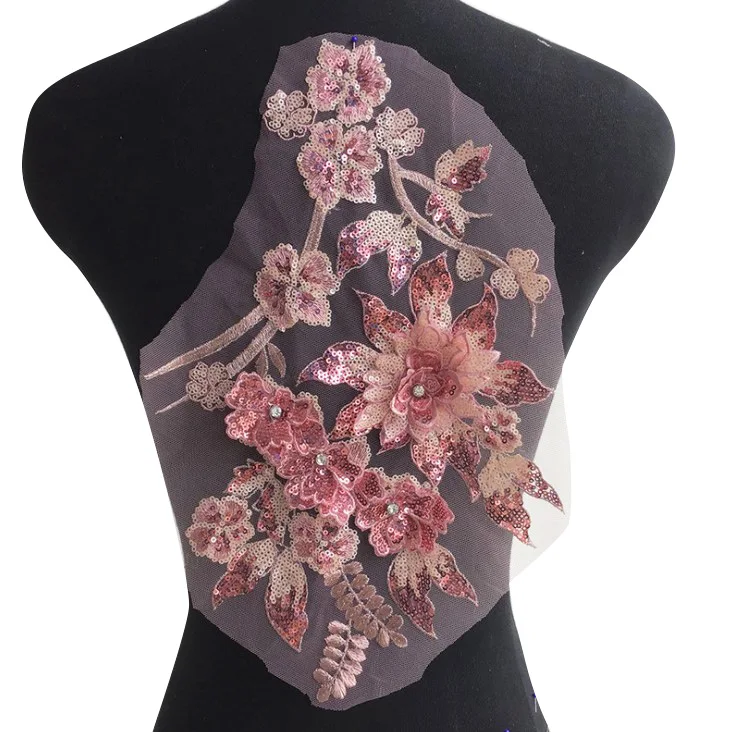 

3D Flowers Sequins Lace Fabric Applique Sew On lace collar Patches For Wedding Dress Decor Diy Floral Costume Patch