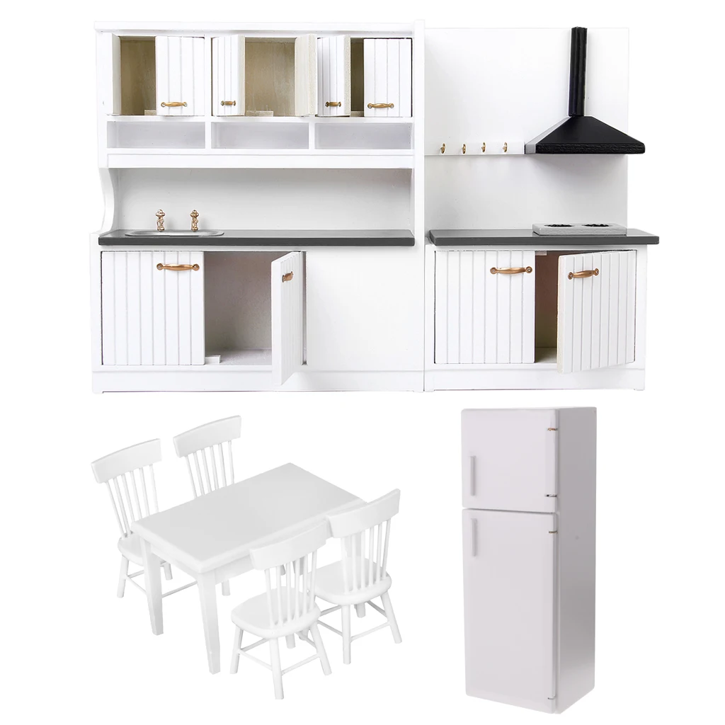 1:12 Dolls House Miniatures Kitchen White Furniture Set Decor Fridge Freezer Table Chairs Toy
