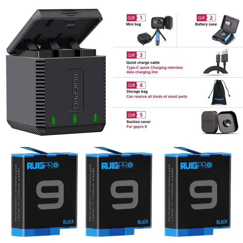 Для Гоу про hero 9 Батарея 3 слотовый Зарядное устройство/для GoPro Hero черный литий ионный AHDBT 901 Batteria Камера