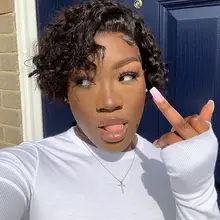 Pelucas de encaje frontal de corte pixie Bob, 150, 180, 250%, rizado, cabello humano con cierre de encaje Remy prearrancado