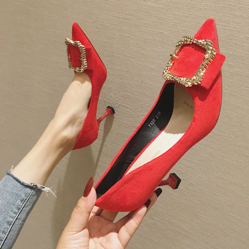

Women heels shoes designer fashion ladies office shoes pointed toe pumps sweet girls sexy high heels suede red