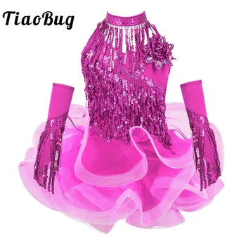 

TiaoBug Kids Girls Sequins Tulle Tassels Latin Dance Dress with Shorts Choker Arm Sleeves Set Samba Salsa Performance Costume