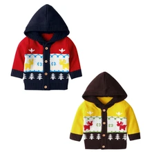 Вязаный детский свитер г.; зимний Кардиган для новорожденных; свитера для маленьких мальчиков; куртки с капюшоном на пуговицах; осеннее пальто для девочек на Рождество