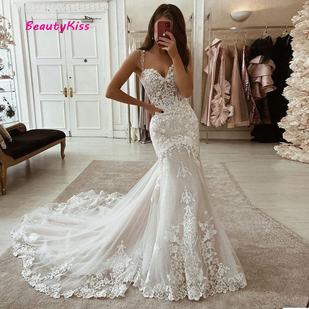 Ivory Mermaid Wedding Dresses Lace Appliques Tulle Bridal Gowns with Court Train Sweetheart Straps Vintage Wedding Gowns 2023 3