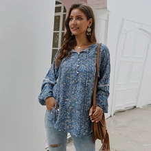 New Fashion Floral Print Womens Tops And Blouses Spring Summer V Neck Lantern Sleeve Casual Boho Ladies Shirt Blusas Mujer 2020