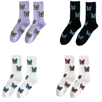 

Women Harajuku Butterfly Printed Ribbed Cotton Crew Socks Contrast Colored Hip Hop Street Skateboard Mid Tube Hosiery