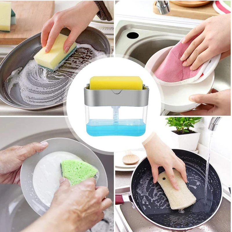 2-in-1 Dish Soap Dispensers for Kitchen Dishwashing Liquid Soap Pump  Dispenser Sponge Holder Sink Countertop Organizer Bottle