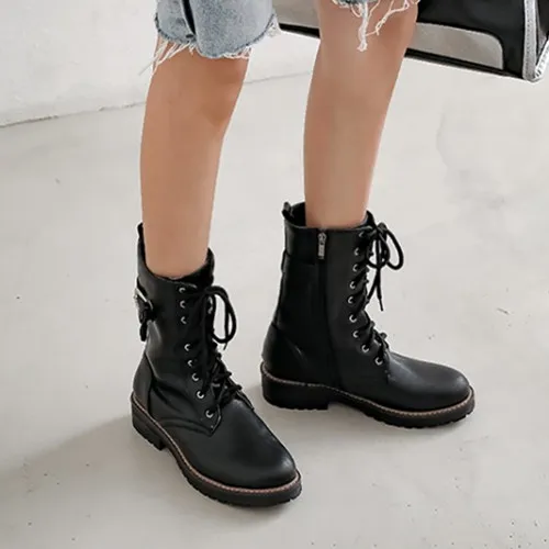 

PXELENA Retro Metal Decor Martin Military Boots Women Shoes Winter 2019 Lace Up Zip Low Heels Motorcycle Combat Ankle Boots 43