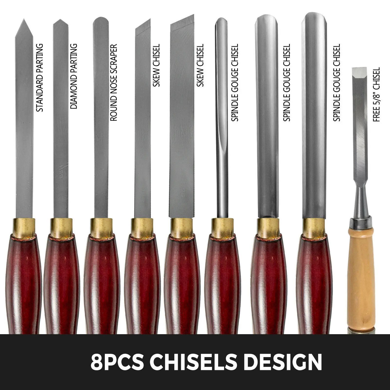 VEVOR 8PCS + 1 Free HSS Lathe Chisel Set for Wood Turning Root Furniture Carving Knife 6.89