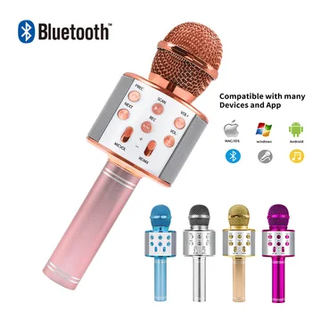 

Wireless Bluetooth Karaoke Microphone Handheld Portable Speaker Home KTV Player With Dancing LED Lights Record Function For Kids