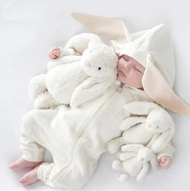 Милый Осенний комбинезон с кроличьими ушками для маленьких мальчиков и девочек, мягкий хлопковый спортивный костюм комбинезон, теплая одежда для детей от 0 до 24 месяцев - Цвет: Белый