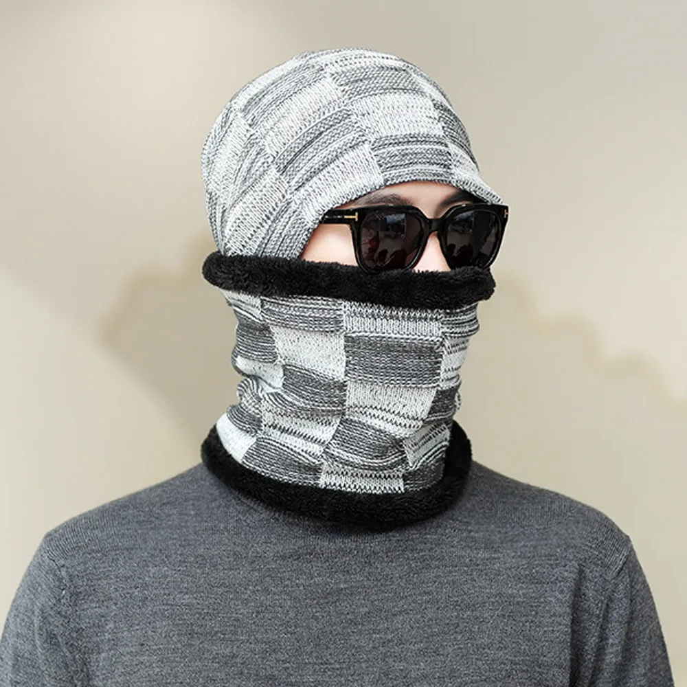 2 шт., зимняя теплая шапка, шарф, набор для мужчин, Skullies Beanies, плюс бархат, толстая зимняя шапка, шарф, вязаная шапка, шапочка унисекс