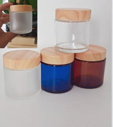 5pcs 100g Clear/Blue/Frosted/Amber Glass Jars Containers Cosmetic Cream Lotion Powder Bottles Pots Travel Container Bamboo Cover
