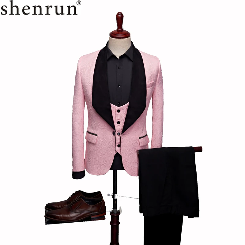 SHENRUN Mens Fashion Big Shawl Lapel 3 Pieces Set Pink Red Blue White Black Wedding Groom Suits Quality Jacquard Banquet Tuxedo blazers