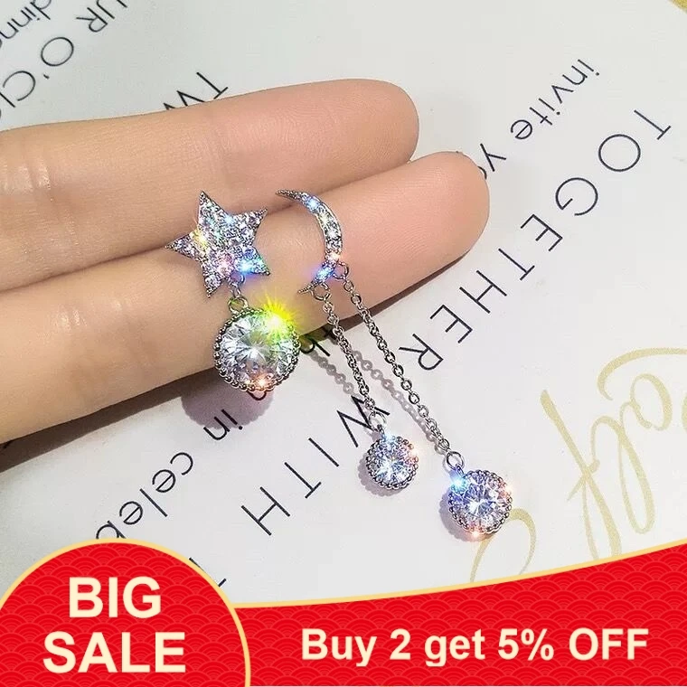 

Cute Female Crystal Moon Star Drop Earrings Asymmetric Tassel Earrings For Women Boho Wedding Jewelry Long Dangle Earrings