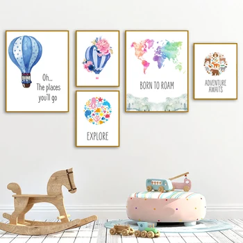 

Boys Adventure Explore Quotes Canvas Painting Watercolor Animal Giraffe Hot Air Balloon Art Prints Nordic Poster Kids Room Decor