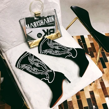 

Fashion Embroidery Knitting Socks Boots Pointed Toe Stiletto High Heels Mid-Calf Boots Stretch Fabric Shoes Woman Tenis Feminino