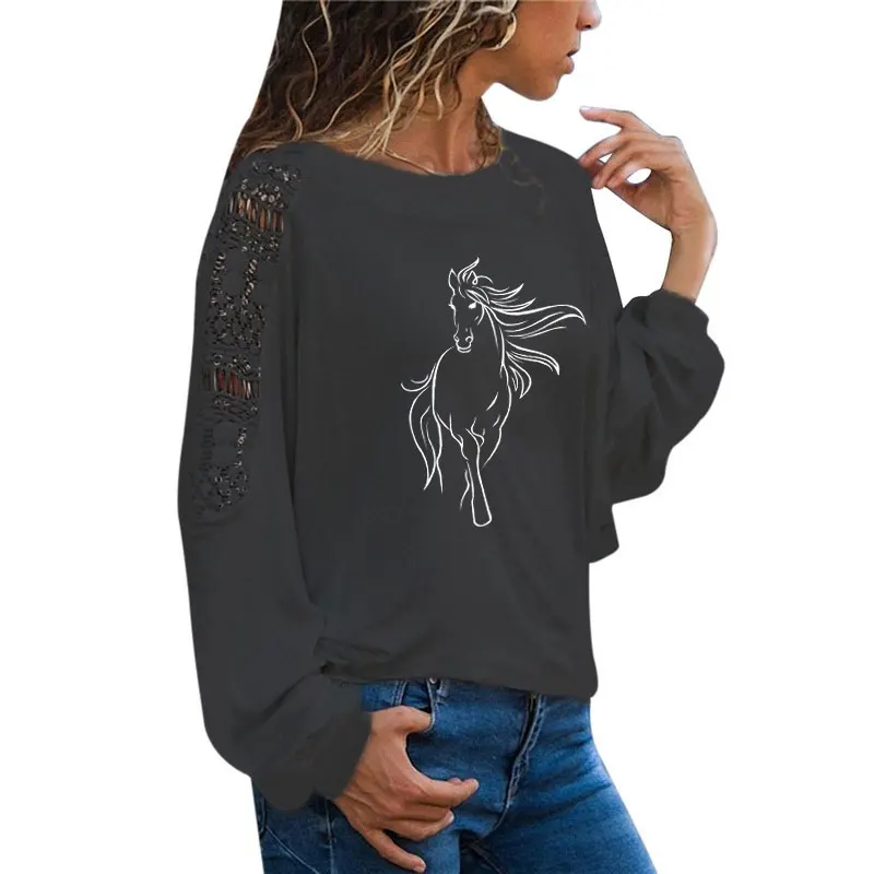 Креативная футболка с лошадью, женская футболка с длинным рукавом и круглым вырезом, женская одежда, топы с животными для девочек, повседневные свободные кружевные футболки - Цвет: 1