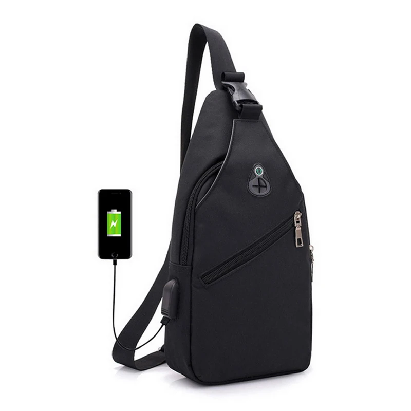 black Men's Fashion New Crossbody Outdoor Travel Shoulder Bags Waterproof Chest Bags with Headphone Hole and USB Charging Port - Цвет: black