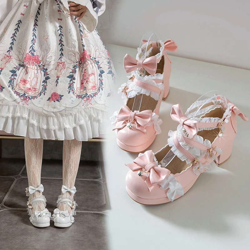 Plus Size 34-48 Lolita Mary Janes Women High Heel Shoes Sweet Bowknot Bell Cross Strap Dress Party Wedding Shoes Bridal Princess