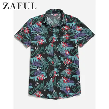 

ZAFUL Hawaii Tropical Plant Floral Print Beach Casual Shirt Men'S Short Sleeve New Vacation Style Ditsy Leaf Print Holiday Shirt