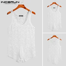 

INCERUN 2021 New Men's Sexy Leisure Jumpsuit See-though Hollow Out Sleeveless Jumpsuit Lace Flower Breathable Mesh Rompers S-5XL