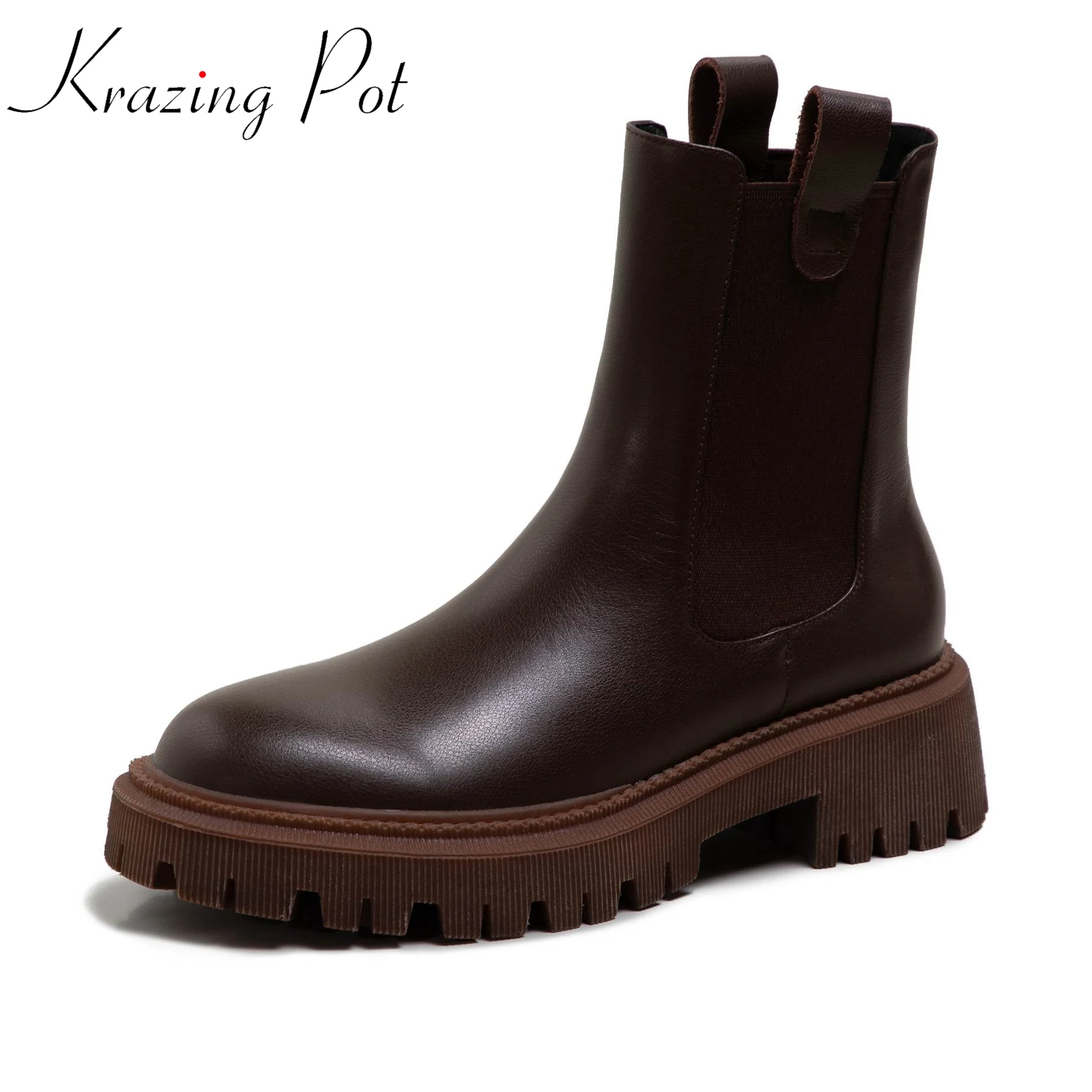 

Krazing Pot Natural Cow Leather Thick Bottom Non-slip Square Toe Slip on Chic Chelsea Boots Med Heels Street Wear Ankle Boots