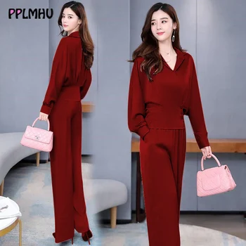 

Solid v-neck loose wide leg pants fashion suit korean long sleeve shirt business culottes two-piece suit office lady fall set