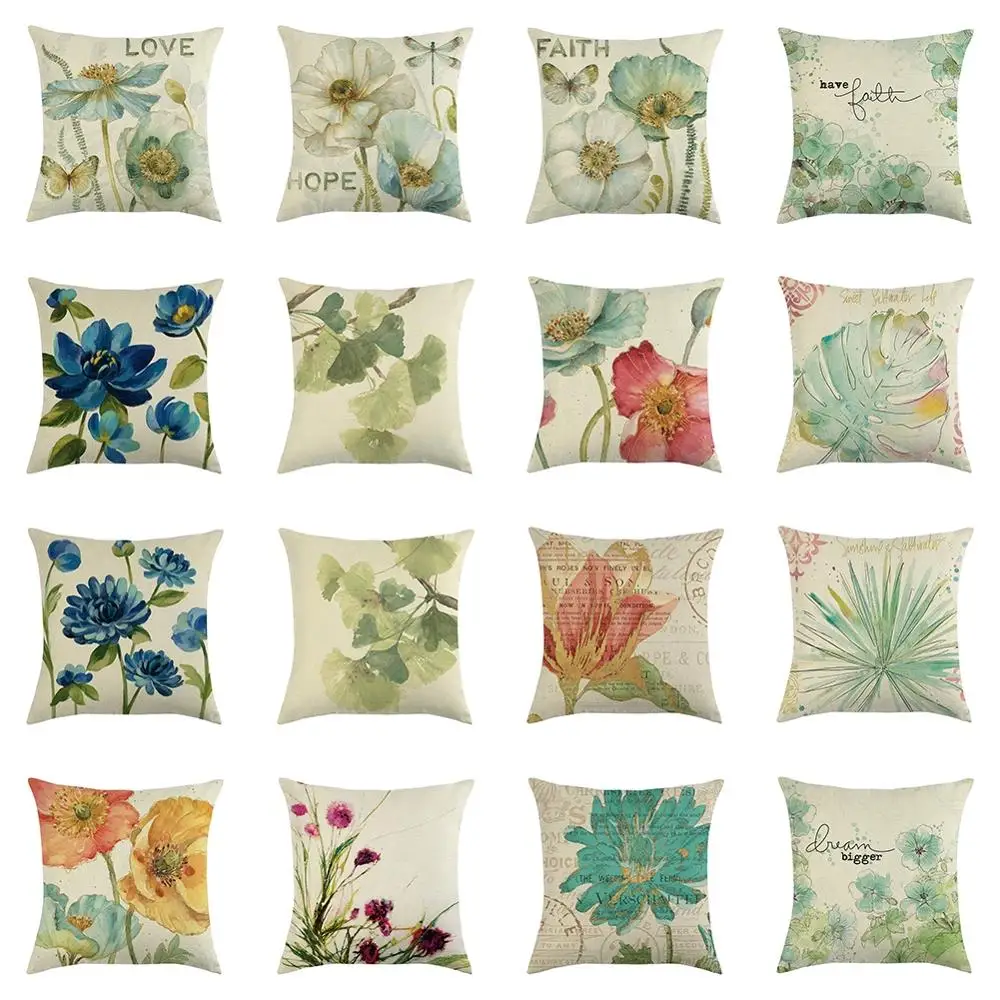 

18inch European American Style Flower Pattern Printed Linen Pillow Case Sofa Seat Bedroom Soft Cushion Cover Home Decor Gifts
