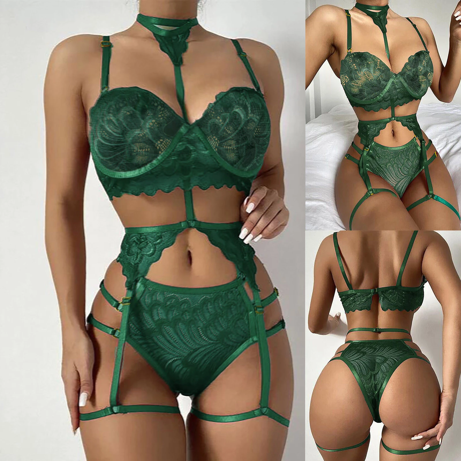 cute underwear sets Green Lingerie Sexy Women Erotic Underwear Fashion Lace 3pcs Sujetadores G-string Bra Panty Set Hot Breathable Lenceria Sensual panty sets