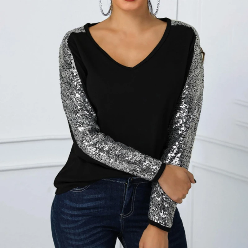 

2019 Women Autumn Sexy V Neck Sequined Patchwork Long Sleeve Slim T-shirt Female Casual Streetwear Fashion Top Tees SJ4030E
